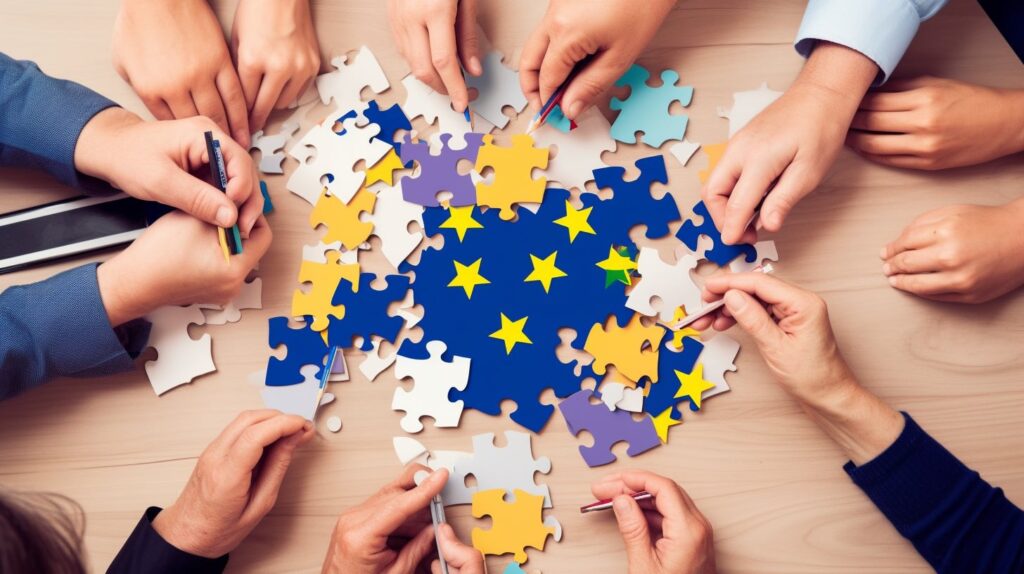 Innovative KA2 Project Ideas Cover Photo. People solve a puzzle about Erasmus+ flag